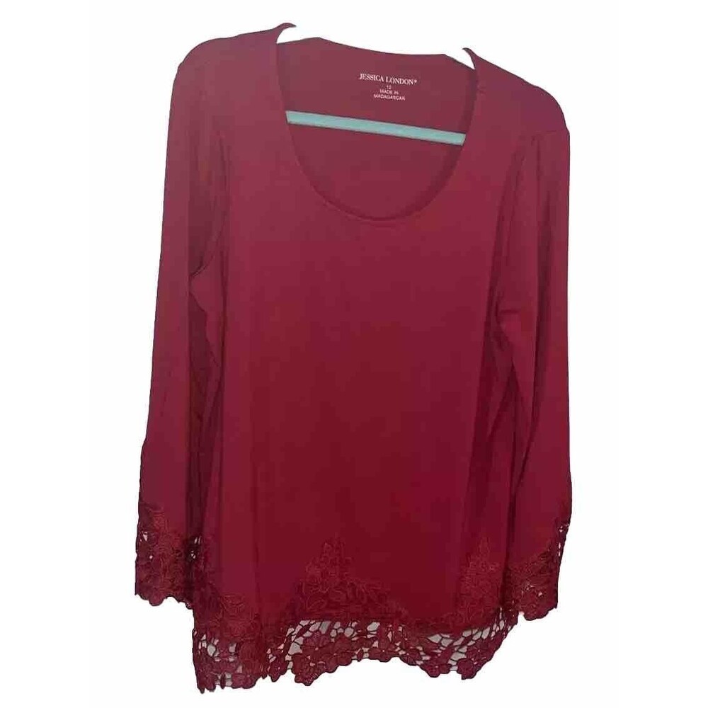Jessica London Women’s Long Sleeve Top Tunic Reddish Color Size 12 Lace Trim